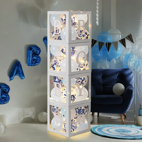 Miniatura 2 de Decoraciones de caja de globos para baby shower, 4 bloques de bebé transparentes con letras "Baby Girl", paquete de 4 luces LED de hadas y 40 globos