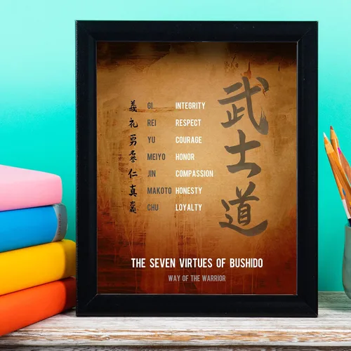 Miniatura 7 de Seven Virtues Of Bushido - Arte de pared con citas inspiradoras, decoraciones de pared motivacionales, impresión de pergamino envejecido perfecta