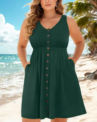 Miniatura 13 de Holipick Vestidos de verano para mujer, talla grande, casual, con bolsillos, acampanado, con botones, sin mangas, cuello en V