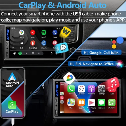 Miniatura 2 de Estéreo de auto de doble DIN compatible con Apple CarPlay y Android Auto - Receptores de audio de coche HD de 7 pulgadas con Bluetooth, Mirror Link