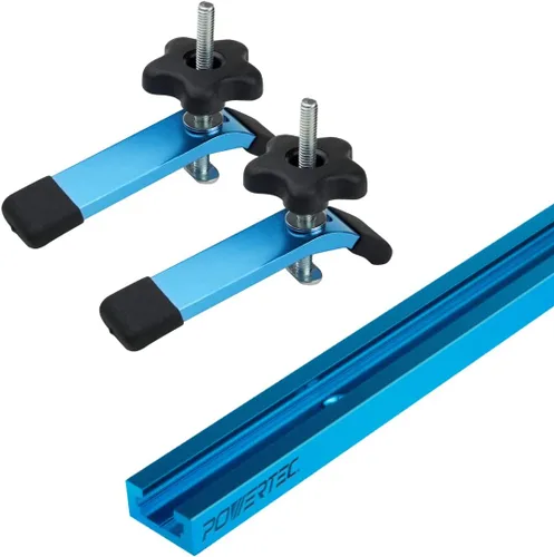 POWERTEC 71169 Pista en T universal de 48 pulgadas con 2 abrazaderas de sujeción, azul anodizado
