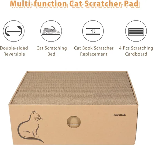Miniatura 2 de AUSCAT Rascador de cartón para gatos, 4 tablas de rascar reversibles para gatos con caja para que el gatito de interior descanse y juegue, 14.8