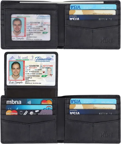 Miniatura 8 de HIMI - Cartera elegante de cuero auténtico para hombre, con bloqueo de interferencia de radiofrecuencia (RFID), con 2 ventanas para identificación