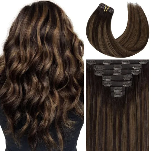 Miniatura 68 de Loxxy Extensiones de cabello humano con clip, sin costuras, 22 pulgadas, color marrón oscuro a castaño oscuro y marrón oscuro, 7 piezas