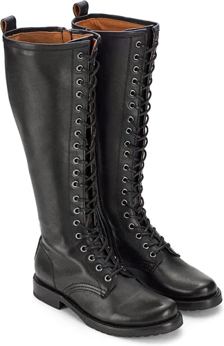 Miniatura 9 de Frye Veronica Botas de combate altas de 15 pulgadas para mujer, hechas de cuero de grano completo con construcción Goodyear Welt, cordones de tela