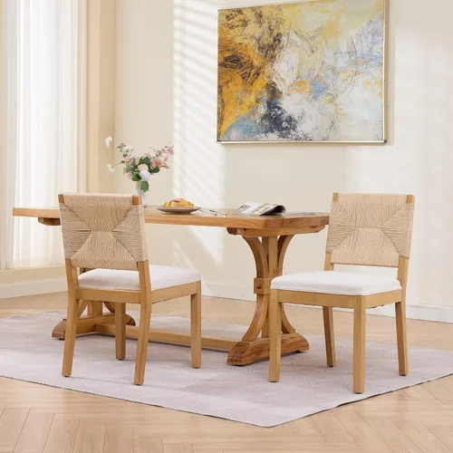 Miniatura 4 de Juego de 2 sillas de comedor de campo francés, sillas de comedor de madera de granja beige, silla de comedor con respaldo tejido con cojín tapizado