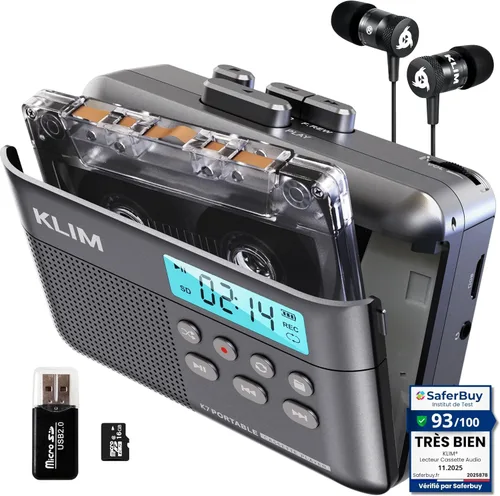 KLIM K7 Reproductor de cinta de casete - Convertidor de casete a MP3 - Portátil - Micrófono y altavoz incorporados - Batería recargable -