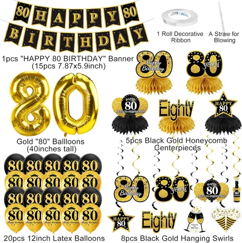 Miniatura 2 de Turypaty Kit de 36 decoraciones de cumpleaños número 80 para hombres y mujeres, globos de feliz cumpleaños de 80 años, globos de panal de abeja, Oro