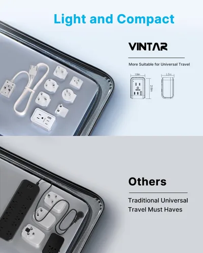 Miniatura 6 de VINTAR Kit de adaptador de viaje universal, cable de extensión desmontable de 1.5 metros con 2 tomas de CA y 3 USB (2 USB C), adaptador de corriente