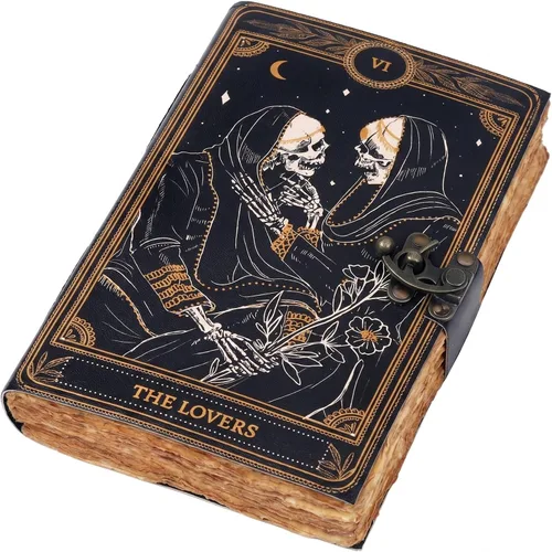 C CUERO Libro de hechizos Diario de cuero con borde deckle de papel Grimorio impreso diario de los amantes del tarot, cuaderno de tarot en espiral,