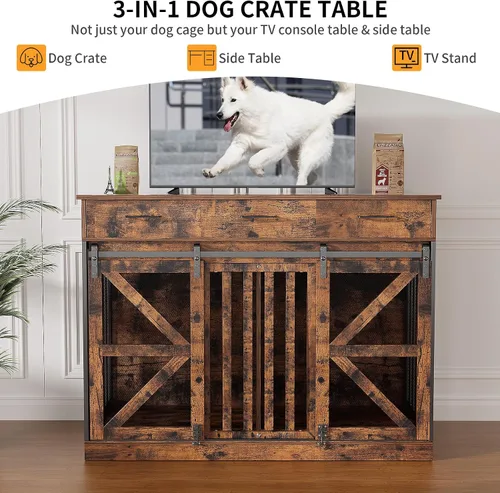 Miniatura 5 de kepptory Caja grande para perros de 48 pulgadas con 3 cajones de almacenamiento, perrera de madera con divisor removible, mesa auxiliar de perrera
