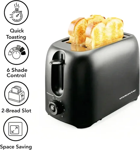 Miniatura 2 de OVENTE Tostadora eléctrica de 2 rebanadas con ajuste selector de tostado de 6 tonos, diseño compacto y bandeja de migas extraíble, potencia de 700
