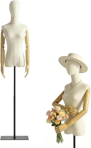 Vestido de maniquí femenino con forma de torso, cuerpo de maniquí de exhibición con cabeza desmontable, manos de madera y soporte dorado de altura