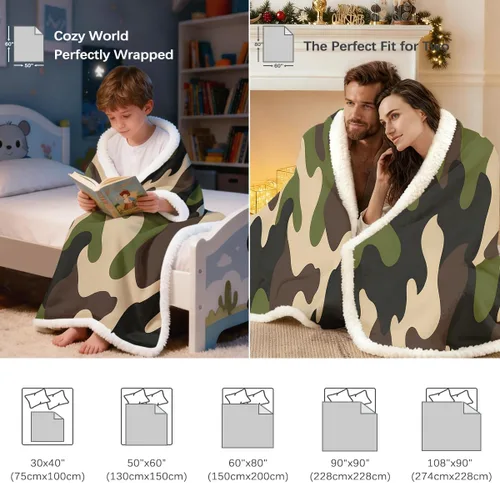 Miniatura 8 de Sleepwish Manta de forro polar de camuflaje verde para niños y niños, manta de sherpa de camuflaje marrón suave para sofá, silla, manta