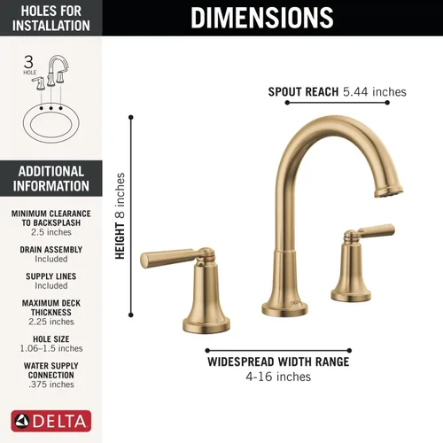 Miniatura 4 de Delta Saylor - Grifo de baño de níquel cepillado de 3 agujeros, grifo de fregadero de baño de 8 pulgadas para tocador, ensamblaje de drenaje