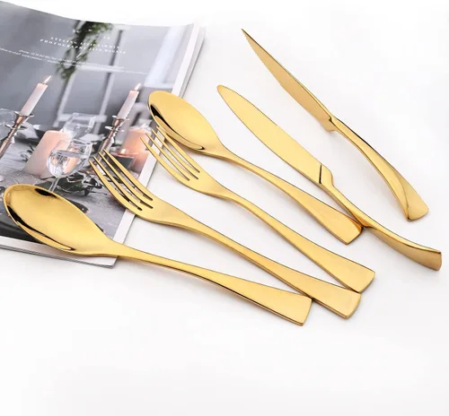 Miniatura 2 de Juego de cubiertos de 24 piezas, espejo de acero inoxidable 18/10, servicio de vajilla de lujo para 4, cuchillo de carne, postre, accesorios para Oro