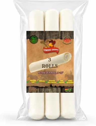 Cowdog Chews Retriever Rollo de golosinas para perros de cuero crudo natural de 9 a 10 pulgadas (paquete de 3)