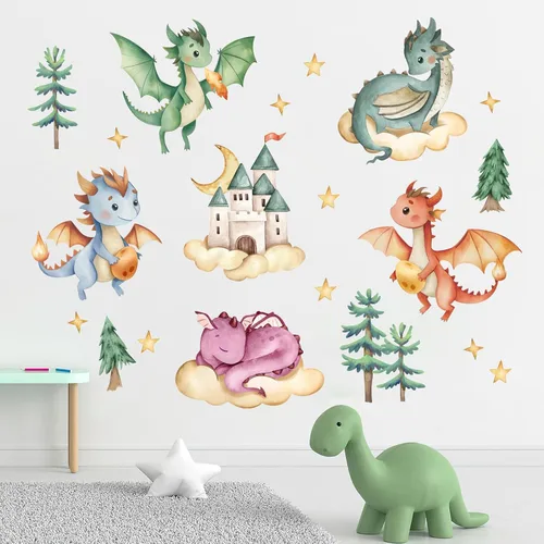 Yovkky Adhesivos de pared de dragón bebé, calcomanías de castillo de acuarela, pino, nube, luna, estrellas, decoración neutra para vivero de niños