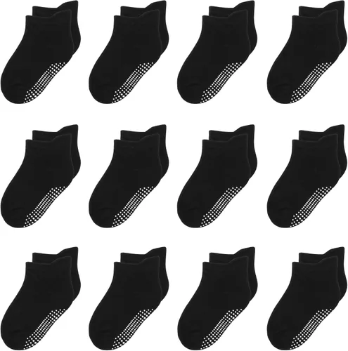 12 paquetes de calcetines antideslizantes para niños y bebés con agarres, 1-7 años, calcetines de algodón para tobillo para niños y niñas, colores