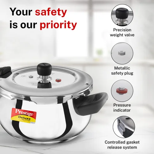 Miniatura 6 de Prestige Deluxe Alpha Svachh - Olla a presión de acero inoxidable con base Alpha y tapa profunda para control de derrames, (4.0 L Junior Handi)