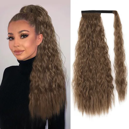 Miniatura 11 de Extensión de cola de caballo ondulada larga con pegamento mágico, resistente al calor, sintética, para envolver, cabello ondulado, para mujer