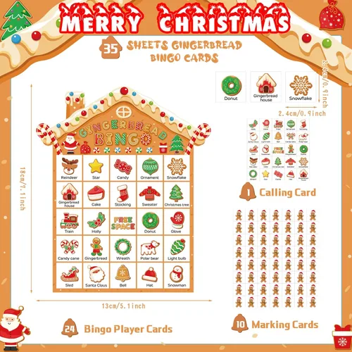 Miniatura 2 de Shappy 35 Piezas Juego de Bingo Navideño de Jengibre Juego de Bingo del Hombre de Jengibre 24 Jugadores Tarjetas para Actividades Familiares