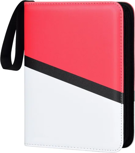 Carpeta para tarjetas coleccionables de 4 bolsillos con cremallera y correa de mano, capacidad para hasta 400 tarjetas, carpeta TCG de piel 3. Rojo