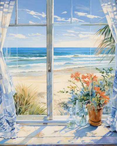 Miniatura 2 de Kit de pintura al óleo para ventana de playa, paisaje, por números, 16 x 20 pulgadas, lienzo, flores, paisaje, bricolaje, pintura al óleo para Pbn