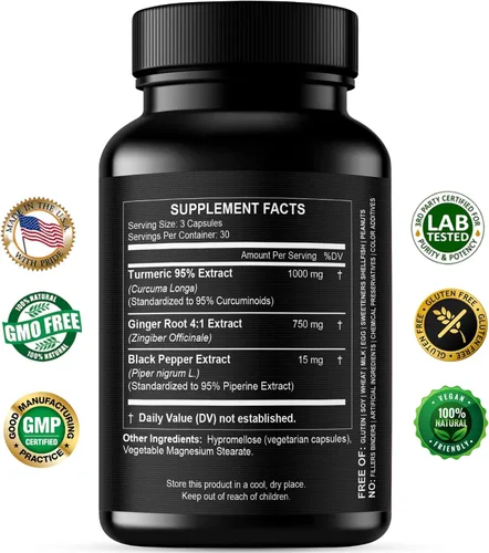 Miniatura 2 de Curcumina de cúrcuma con jengibre, fórmula de alta potencia de 1750 mg con 95% de curcuminoides estandarizados y extracto de jengibre, pimienta