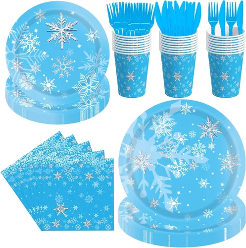 144 piezas de suministros de fiesta de cumpleaños con copos de nieve, suministros de fiesta de cumpleaños de congelado, decoraciones de fiesta de