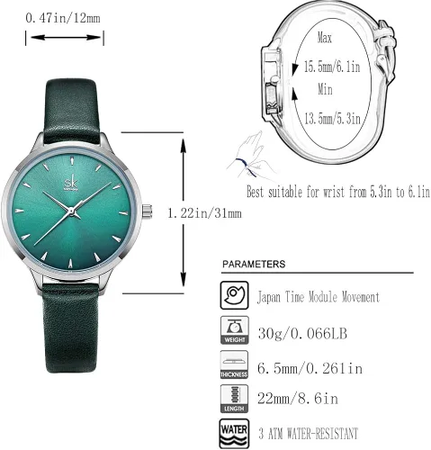Miniatura 2 de SK - Reloj de pulsera para mujer, correa de piel, de cuarzo, reloj de lujo japonés de cuarzo.