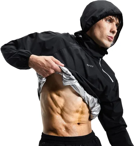 Miniatura 10 de BVVU Traje de sauna para hombre, con cremallera, chaqueta de sauna, pantalón, gimnasio, entrenamiento, sudadera con capucha, moldeador de cuerpo