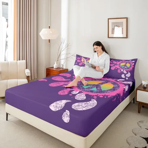 Miniatura 3 de Erosebridal - Juego de sábanas hippie para niños, tamaño doble, diseño de signo de la paz púrpura, sábana bajera bohemia, exótica para niños
