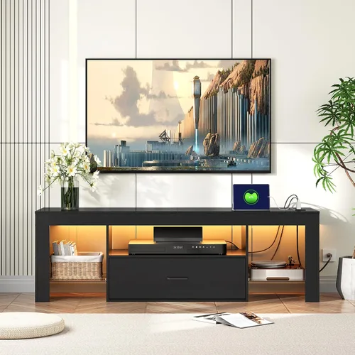 Miniatura 2 de HOOBRO Soporte de TV LED con tomas de corriente para TV de hasta 65 pulgadas, centro de entretenimiento para videojuegos con estantes de vidrio