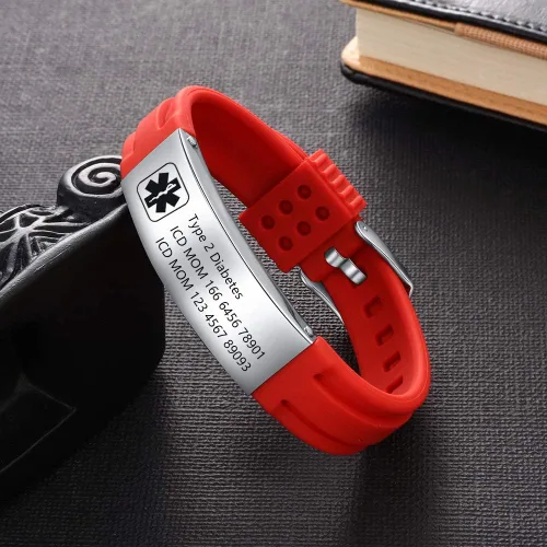 Miniatura 44 de OPALSTOCK Pulseras médicas personalizadas de silicona ajustable para identificación de emergencias, grabado gratuito, 9 pulgadas, resistente al
