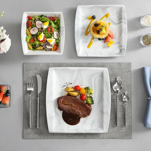 Miniatura 7 de MALACASA Juego de platos y cuencos, juego de vajilla de porcelana de 12 piezas para 4, platos cuadrados y cuencos para postre, ensalada y sopa