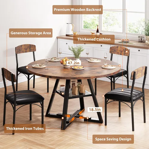 Miniatura 4 de Juego de mesa de comedor redonda para 4, mesa de cocina y sillas para 4, mesa circular redonda con pedestal para comedor cena mesa auxiliar, 5