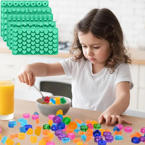 Miniatura 7 de Juego de 5 moldes de goma de silicona, moldes de silicona para dulces con 2 cuentagotas para un relleno cómodo, juego de moldes de gomita incluye