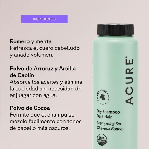 Miniatura 3 de Acure Champú Seco - Champú en polvo mini para mujeres con cabello castaño oscuro y negro, cuidado para refrescar el color teñido tratado con romero