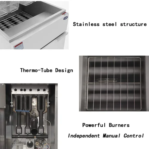 Miniatura 5 de CookRite ATFS-40 Freidora comercial con cestas, 3 tubos de acero inoxidable, freidoras de piso de gas natural, 102000 BTU
