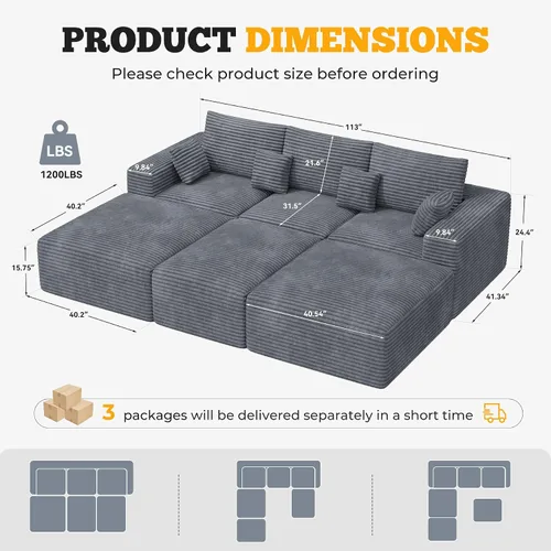 Miniatura 2 de Sofá cama seccional modular de 113", sofás de nube convertibles para sala de estar con otomana, juego de sofá cama de pana sin estructura de 6 Gris