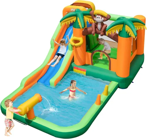 Miniatura 10 de BOUNTECH Tobogán acuático inflable, castillo de salto de parque acuático para niños con tobogán largo, piscina de salpicaduras, toboganes acuáticos