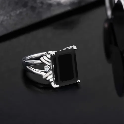 Miniatura 4 de Gem Stone King Anillo de compromiso de mujer de plata de ley 925 con ónix negro y zafiro blanco 739 quilates de piedras preciosas de corte esmeralda