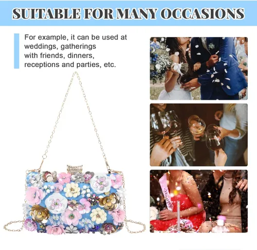 Miniatura 7 de Bolsos de noche florales para mujer, bolsos de mano con diamantes de imitación coloridos, bolso floral para novia, boda, bolso de hombro con cadena