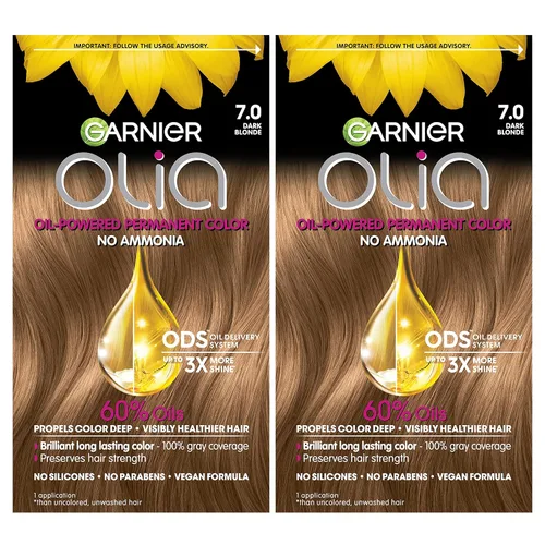 Garnier Color de Cabello Olia Tinte Permanente Sin Amoníaco Color Brillante Rico en Aceite, 7.0 Rubio Oscuro, 2 Unidades (El Empaque Puede Variar)