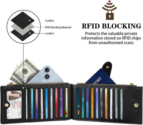 Miniatura 2 de Billetera de mujer con bloqueo RFID de gran capacidad, organizador multitarjetas, billetera plegable para mujer con bolsillo con cremallera