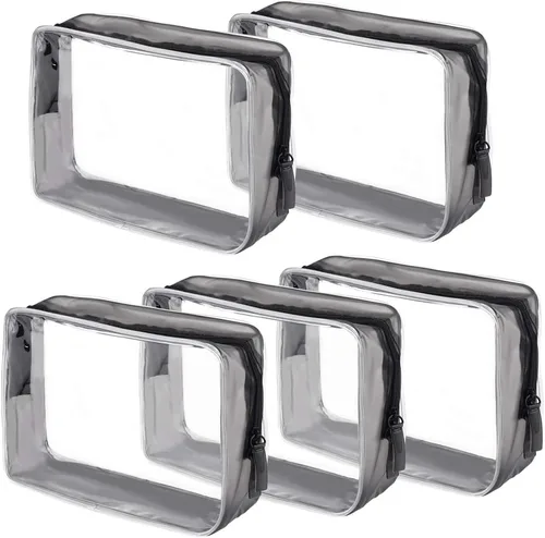 Miniatura 7 de Wobe Paquete de 5 bolsas de cosméticos transparentes aprobadas por la TSA, bolsa de transporte de artículos de tocador con cremallera de PVC, bolsa