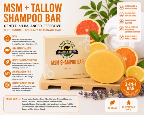 Miniatura 3 de MSM + Barra de champú Tallow - Citrus - Champú sólido sin sulfato para cabello suave, brillante y manejable - pH equilibrado, sin silicona, sin