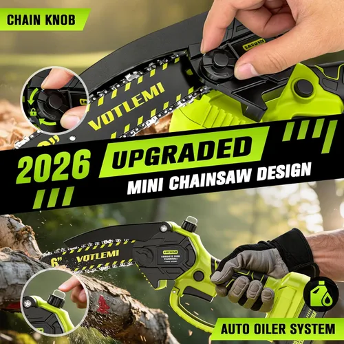 Miniatura 6 de Mini motosierra inalámbrica, motosierra eléctrica de 6 pulgadas con batería de 2000 mAh, motosierra de mano de 1000 W con engrasador automático