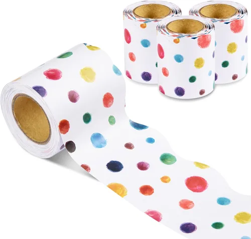 Tablero de anuncios de 99 pies con borde de lunares coloridos festoneados, borde enrollado con lunares pintados, decoración de tablón de anuncios